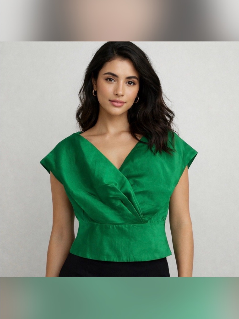 Emerald Satin V-Neck Wrap  Top